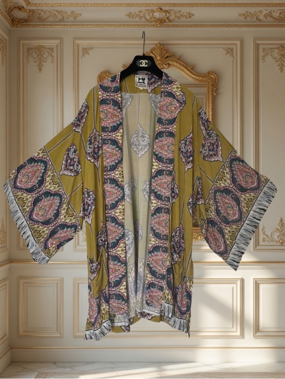 Jaase Mustard Yellow Olive Paisley Kimono Robe Cover-Up Duster M